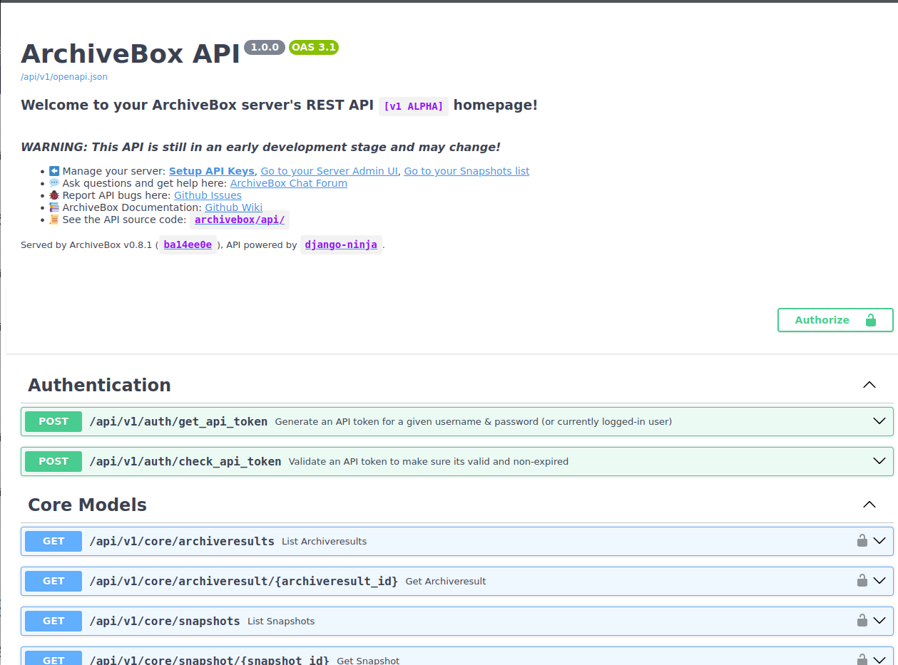 archivebox api docs